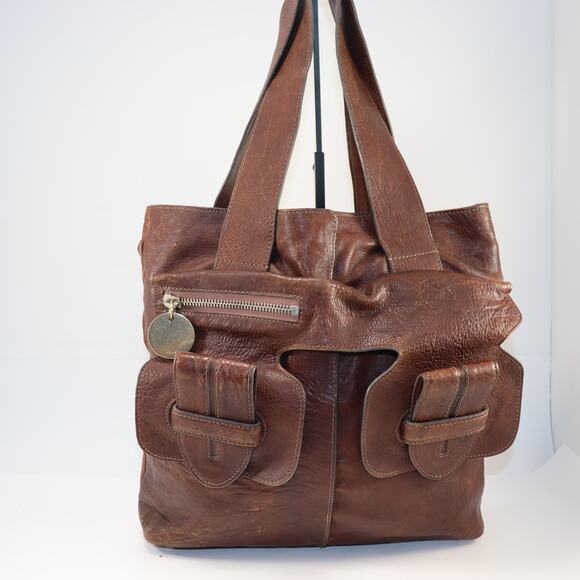 Chloé Brown Leather Tote Bag Y2K Chunky Pocket Satchel Shoulder Bag - Picture 1 of 9